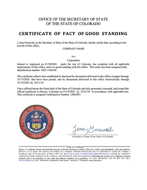 USA Colorado certificate of fact of good standing Word and PDF template